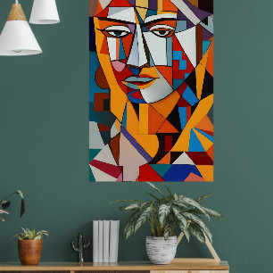 Poster Couleur Abstrait visage Cubisme rouge violet bleu 