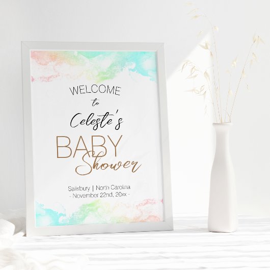 Poster Couleur arc-en-ciel nuages Baby shower blanc Bienv