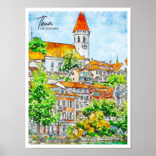 Poster Couleur d'aquarelle de voyage du vin Thun Switzerl