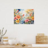 Poster Couleur de l'eau avec oiseaux et fleurs (Cuisine)