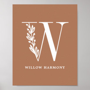 Poster Couleur personnalisée Monogramme Floral Lettre W N
