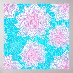 Poster Couleurs bleues et roses ornementent fleurs transp
