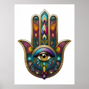 Poster Couleurs de paon Hamsa avec Troisième Œil en or