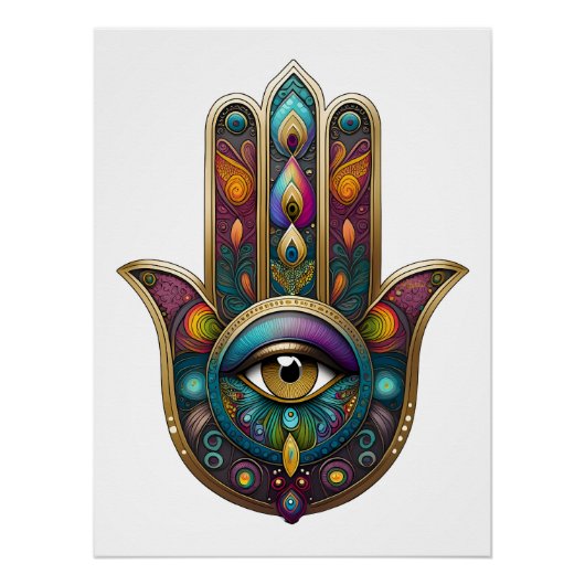 Poster Couleurs de paon Hamsa avec Troisième Œil en or (Devant)