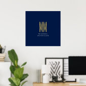 Poster Couleurs d'or bleu Monogramme Lettres initiales No (Bureau à domicile)