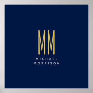 Poster Couleurs d'or bleu Monogramme Lettres initiales No
