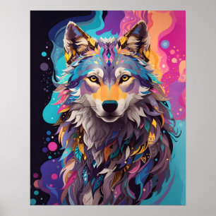 Poster Couleurs néons de loup gris coloré