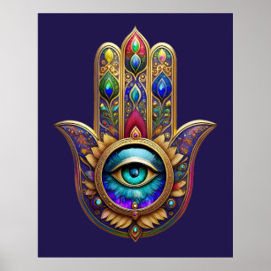 Poster Couleurs Paon Or Hamsa Saphir Vert Troisième Œil