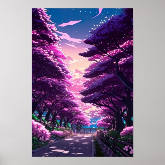 Poster Couleurs pourpres de l'allée de fleurs de cerisier (Devant)
