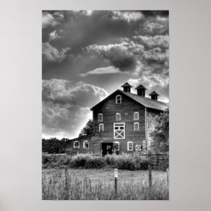 Poster Country Barn Clouds in Black and White