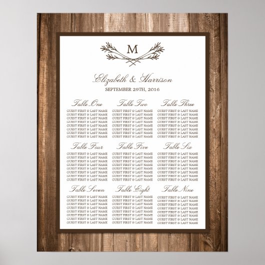 Poster Country Rustic Monogram Branche & Mariage bois (Devant)