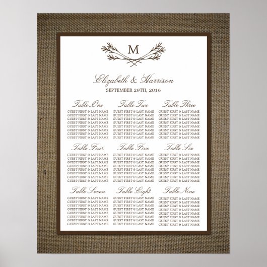 Poster Country Rustic Monogramme Branche & Mariage Burlap (Devant)