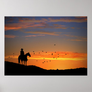 Poster Country Western Cowboy et Horse dans le coucher du
