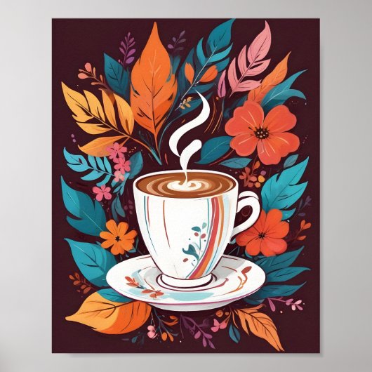 Poster Coupe de café Espresso murale avec des feuilles co (Devant)