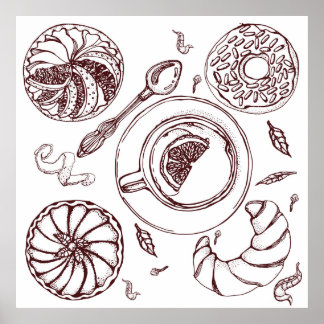 Poster Coupe de thé, une pâtisserie, croissant, vintage,