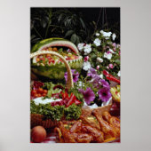 Poster Couper le panier de fruits de pastèque avec fleurs (Devant)