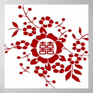 Poster Coupes de papier floral - Double bonheur blanc