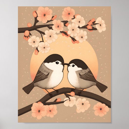 Poster Couple Chickadee Couple Kissing coucher de soleil (Devant)