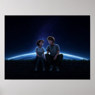Poster Couple d'anime romantique assis sous un cosmos éto