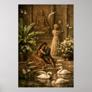 Poster Couple dans le jardin des cygnes rétro orientalism