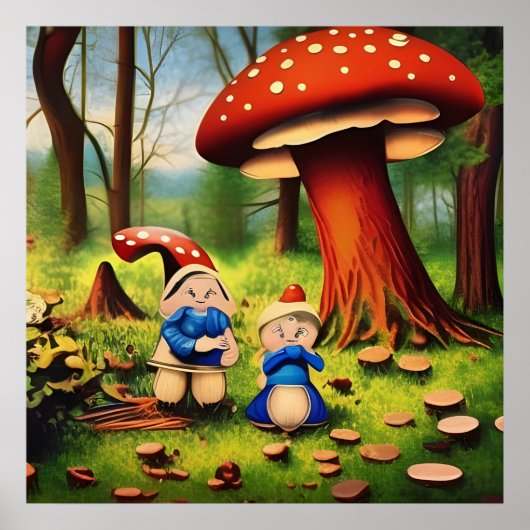 Poster Couple de champignons de lutins de la forêt fantai (Devant)