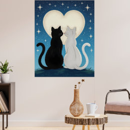 Poster Couple de chats amoureux sous la lune