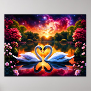 Poster Couple de cygnes cœur de la Saint-Valentin sous un
