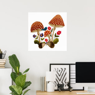 Poster Couple de hérissons mignons et champignons