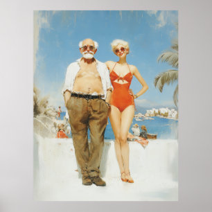 Poster Couple de plage vintage été contraste