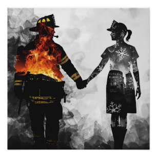Poster Couple de pompier et infirmière en silhouette