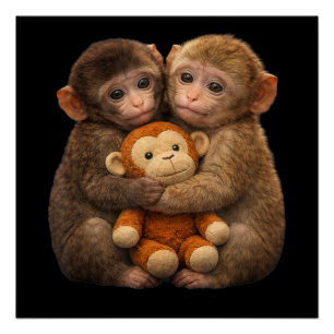 Poster Couple de singes mignons étreignant une peluche Si