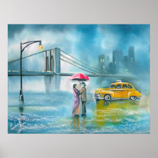 Poster Couple de taxi Jaune jour pluvieux couple romantiq