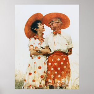 Poster Couple d'été vintage avec chapeaux orange