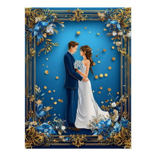 Poster Couple élégant de jeunes mariés s'étreignant avec
