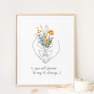 Poster Couple Holding Mains Forme de coeur Floral Line Ar