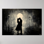 Poster Couple Kissing Under Streetlights par Night in B&W (Devant)