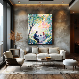 Poster Couple pointilliste prenant le thé en plein air