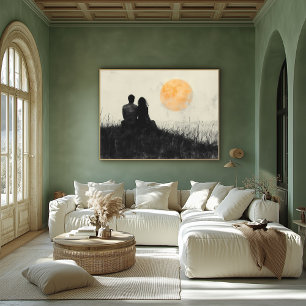 Poster Couple regardant le coucher de soleil dans l'art n