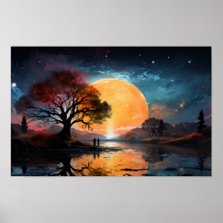 Poster Couple regardant le soleil au bord du lac