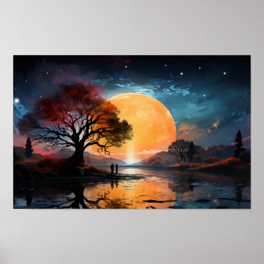 Poster Couple regardant le soleil au bord du lac (Devant)