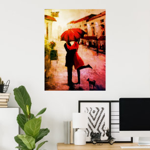 Poster Couple Romantique S'Embrasser Sous Le Parapluie