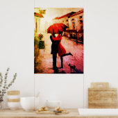 Poster Couple Romantique S'Embrasser Sous Le Parapluie (Cuisine)