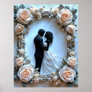 Poster Couple romantique silhouette cadre floral art mura
