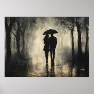 Poster Couple romantique sous la pluie – Art au fusain mi