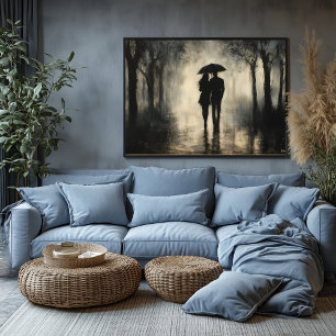 Poster Couple romantique sous la pluie – Art au fusain mi