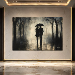 Poster Couple romantique sous la pluie – Art au fusain mi