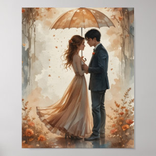 Poster Couple romantique sous l'affiche parapluie d'autom