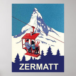 Poster Couple sur un téléphérique à Zermatt, voyage vinta