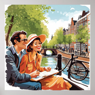 Poster Couple sur une croisière sur le canal d'Amsterdam 
