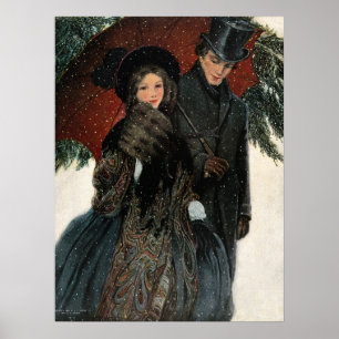 Poster Couple victorien vintage se promenant dans la neig